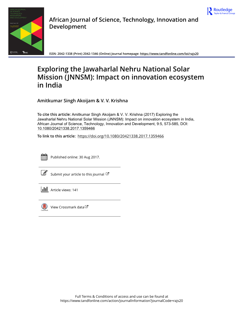 Exploring the Jawaharlal Nehru National Solar Mission (JNNSM): Impact on Innovation Ecosystem in India