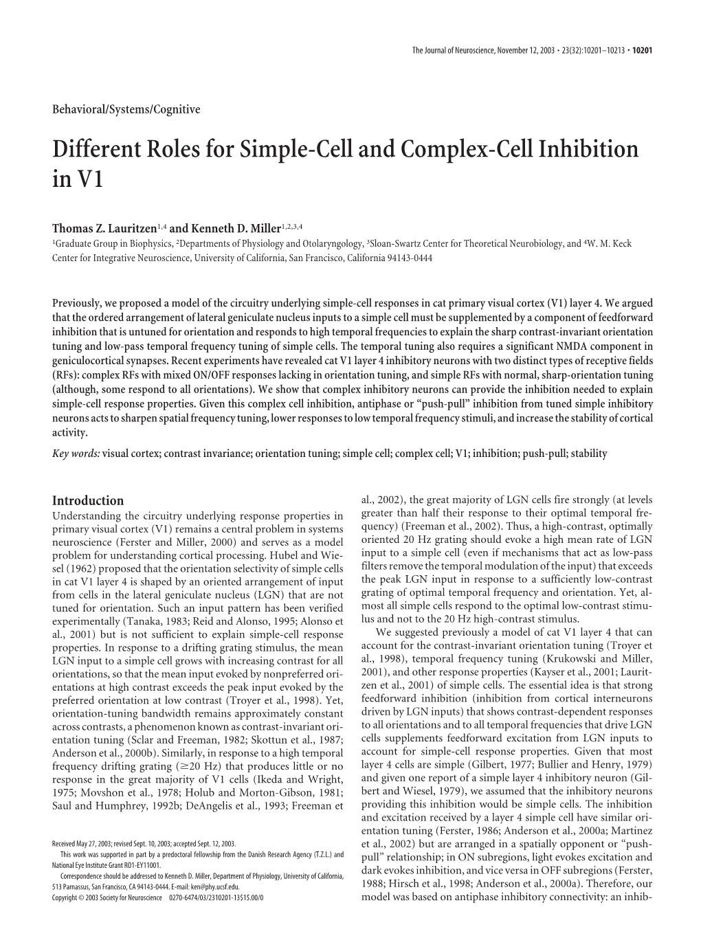 Different Roles for Simple-Cell and Complex-Cell Inhibition in V1