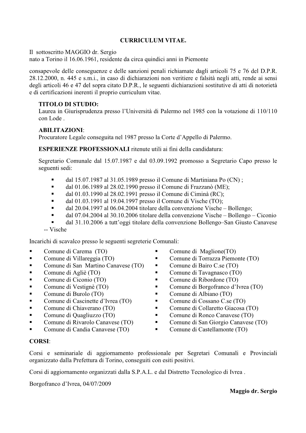 Curriculum Vitae Segretario Comunale