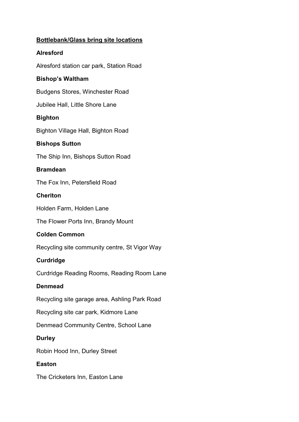 Bottlebank/Glass Bring Site Locations Alresford Alresford Station Car Park, Station Road Bishop's Waltham Budgens Stores, Winc