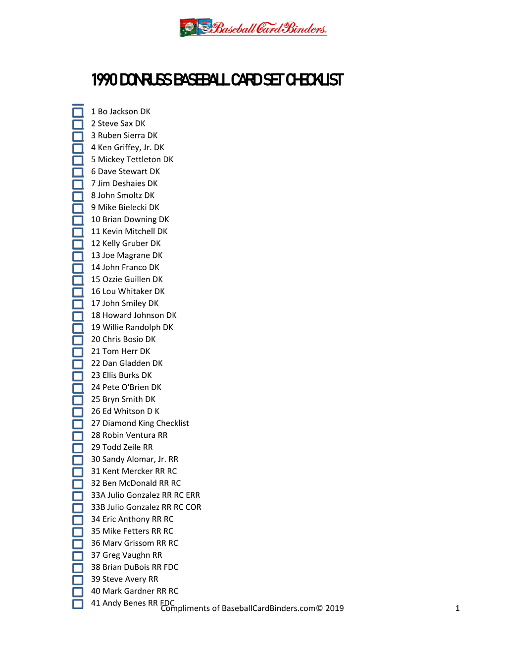 1990 Donruss Baseball Card Set Checklist