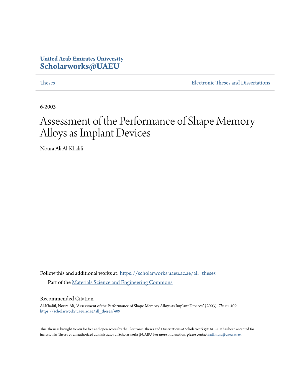 Assessment of the Performance of Shape Memory Alloys As Implant Devices Noura Ali Al-Khalifi