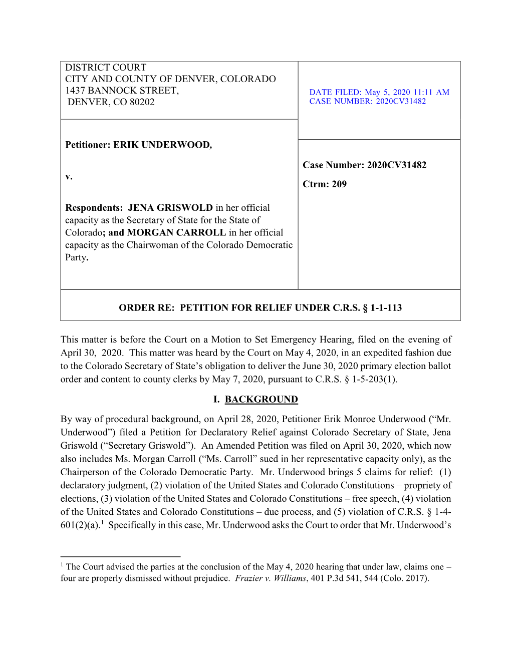 This Matter Is Before the Court on a Motion to Set Emergency Hearing, Filed on the Evening of April 30, 2020