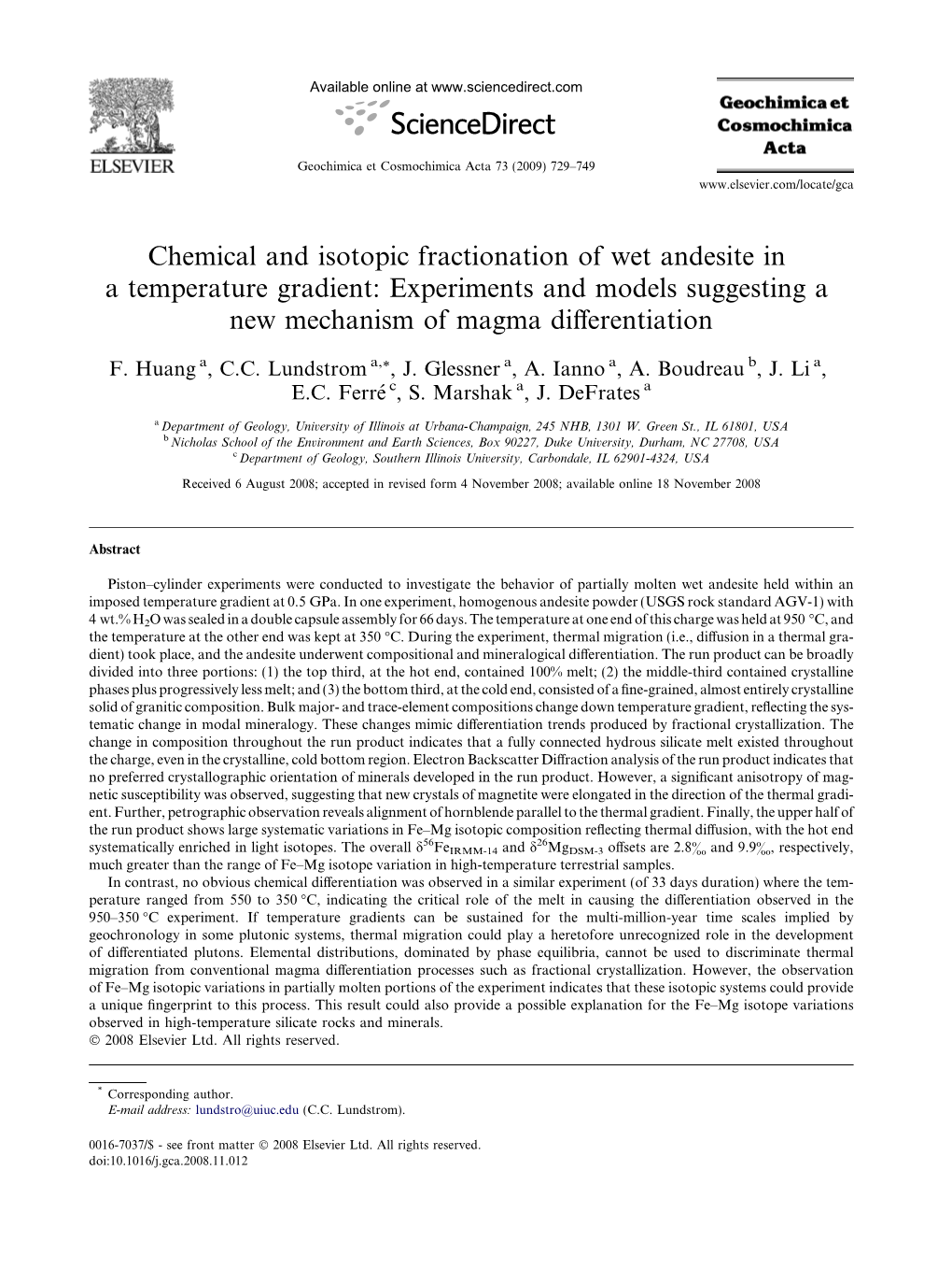 Chemical and Isotopic Fractionation of Wet Andesite in a Temperature Gradient: Experiments and Models Suggesting a New Mechanism of Magma Diﬀerentiation