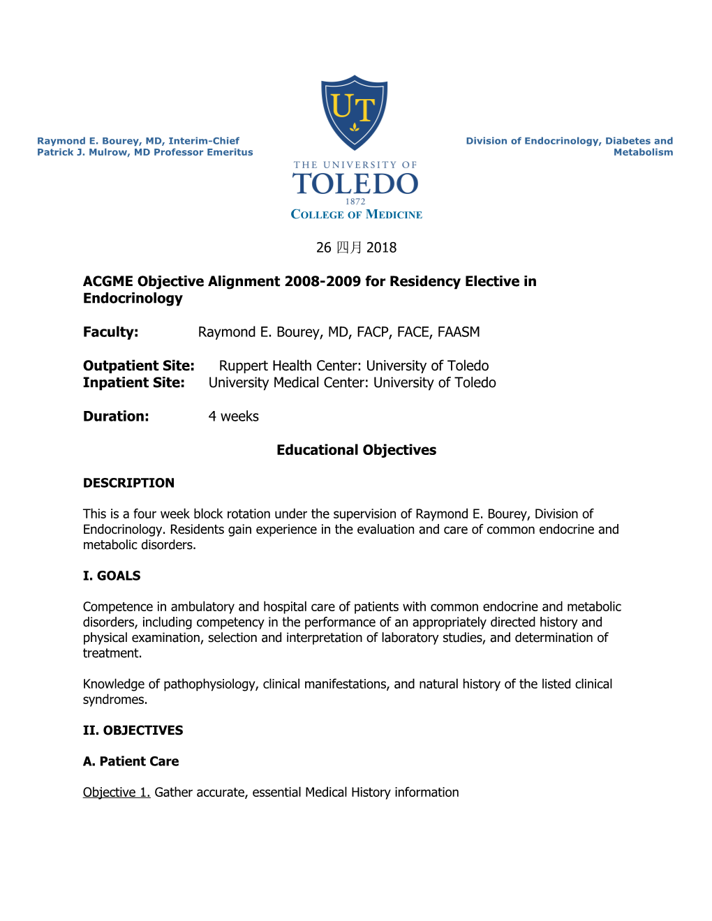 ACGME Objective Alignment 2008-2009 for Residency Elective in Endocrinology