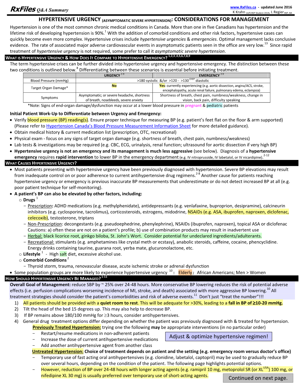 Hypertensive Urgency (Asymptomatic Severe Hypertension): Considerations for Management