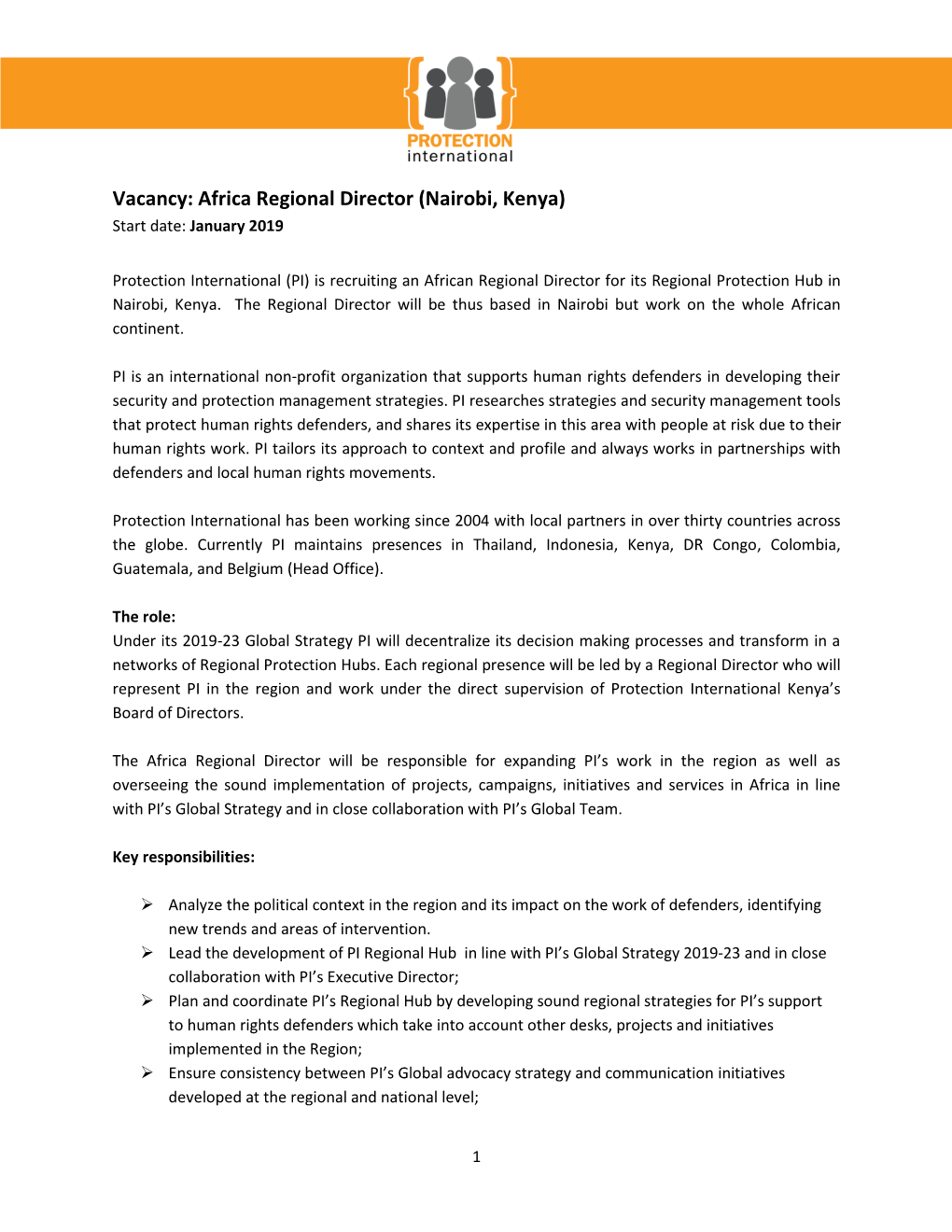 Vacancy: Africa Regional Director (Nairobi, Kenya) Start Date: January 2019