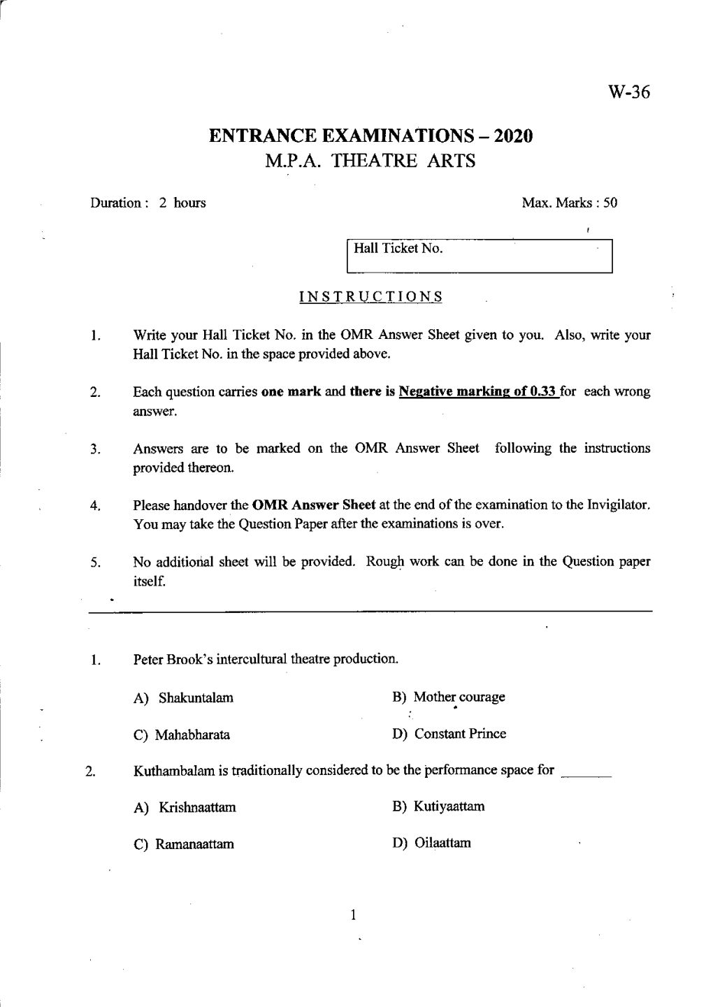 W-36 ENTRANCE EXAMINATIONS