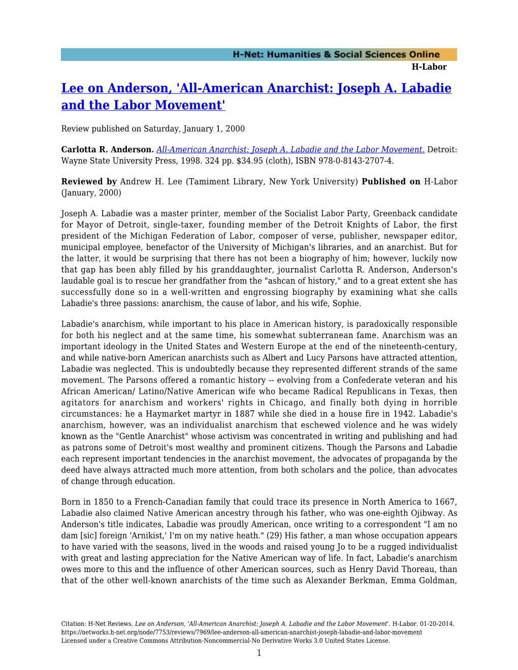 All-American Anarchist: Joseph A. Labadie and the Labor Movement'