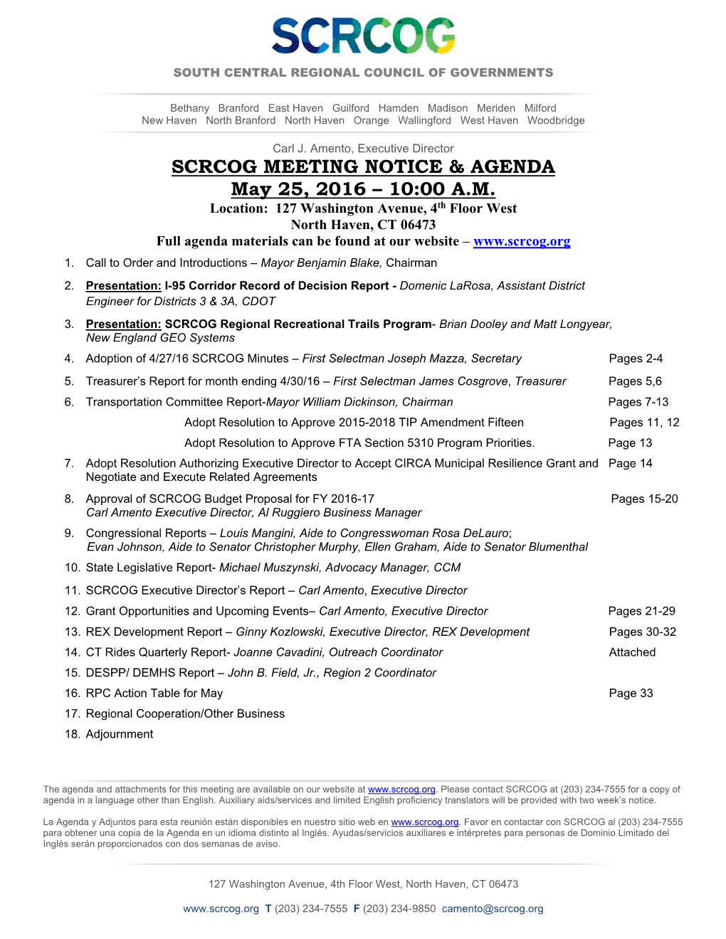 SCRCOG Board Agenda Packet