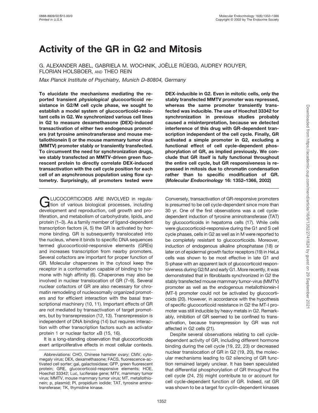 Activity of the GR in G2 and Mitosis