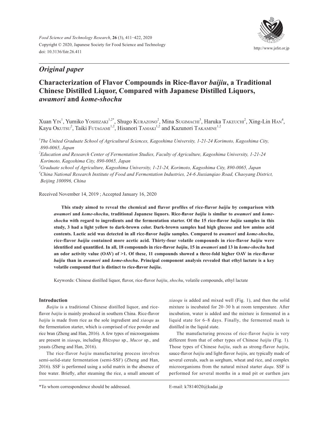 Original Paper Characterization of Flavor Compounds in Rice-Flavor Baijiu, a Traditional Chinese Distilled Liquor, Compared With