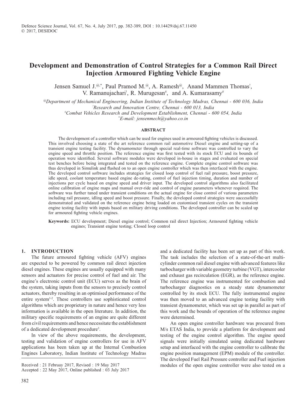 Development and Demonstration of Control Strategies for a Common Rail Direct Injection Armoured Fighting Vehicle Engine