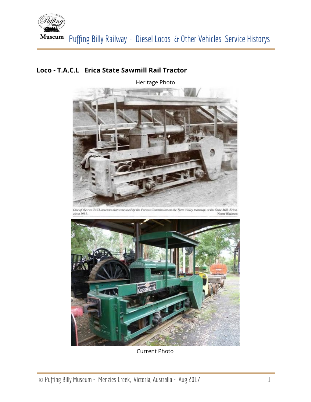 Puffing Billy Railway ~ Diesel Locos & Other Vehicles Service Historys