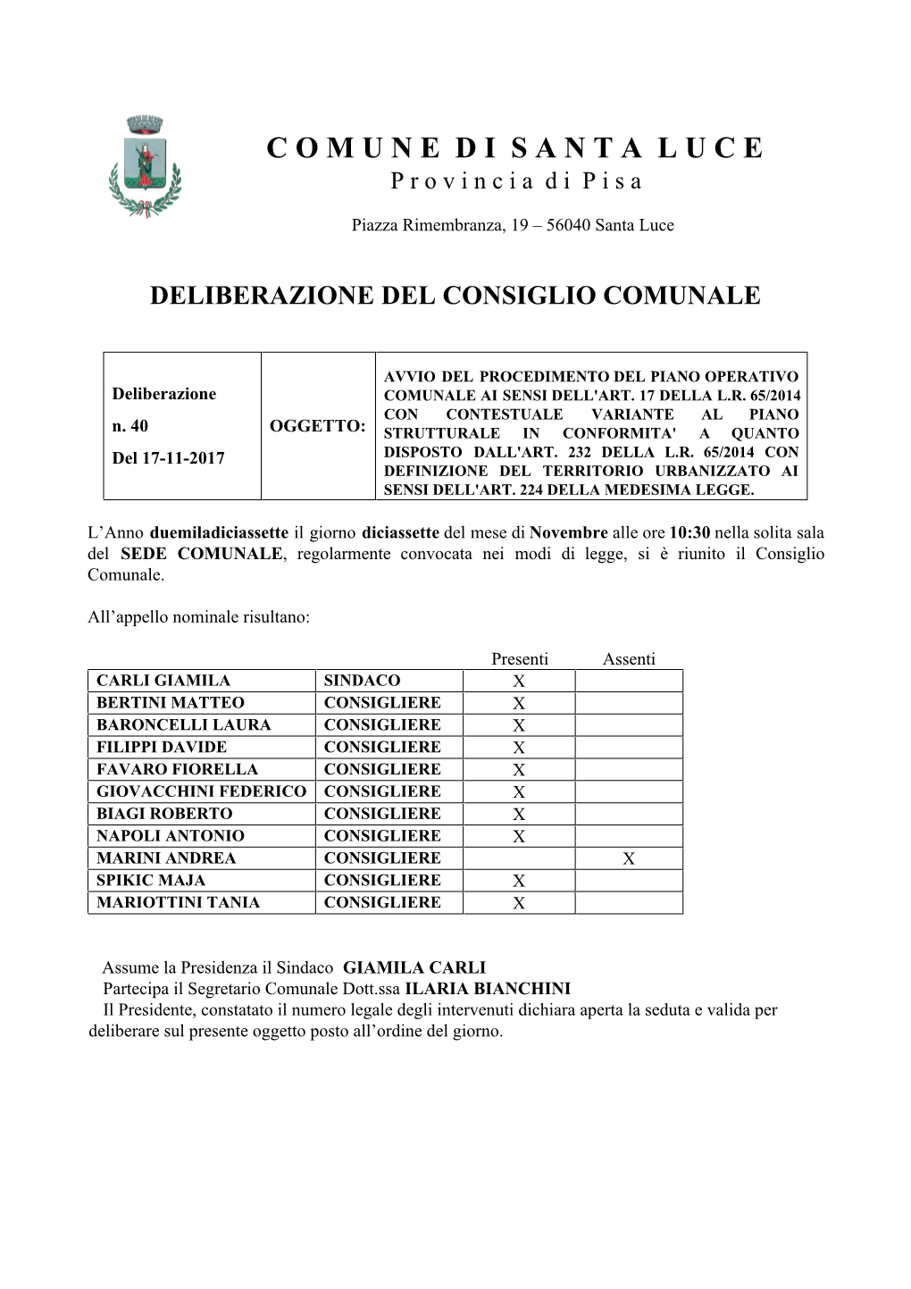 Delibera Consiglio Comunale Avvio Del