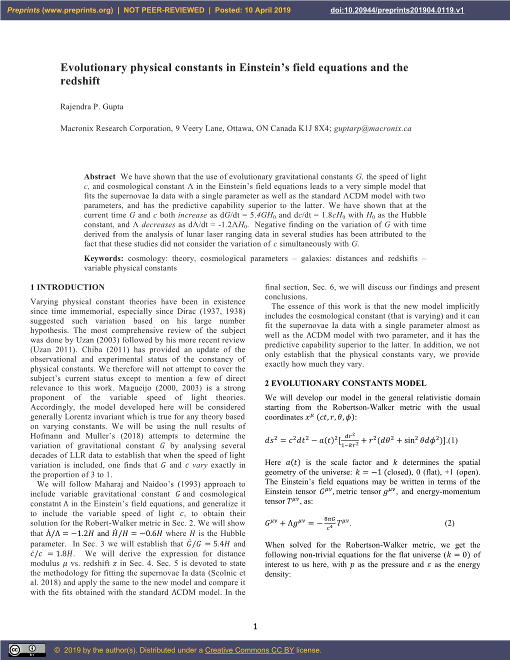 Evolutionary Physical Constants in Einstein's Field Equations and the Redshift