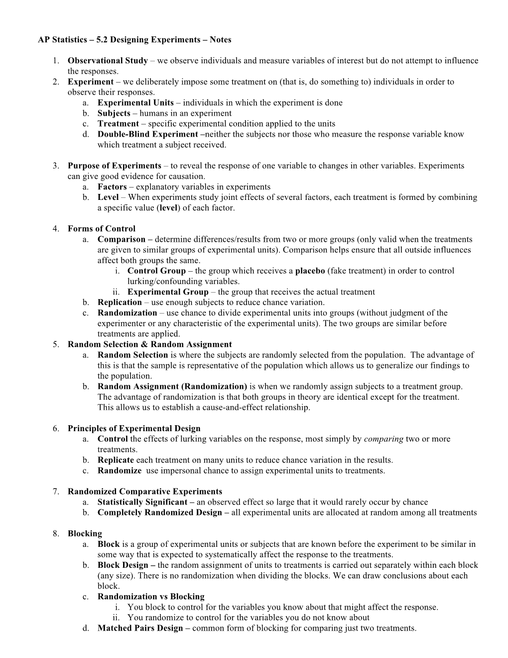 AP Statistics – 5.2 Designing Experiments – Notes