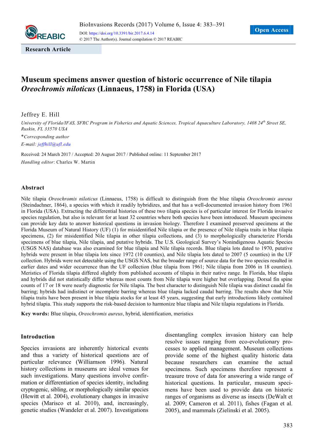 Museum Specimens Answer Question of Historic Occurrence of Nile Tilapia Oreochromis Niloticus (Linnaeus, 1758) in Florida (USA)