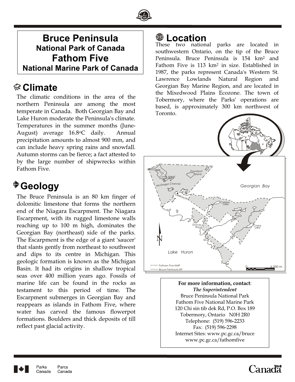 Climate Bruce Peninsula Fathom Five Geology Location