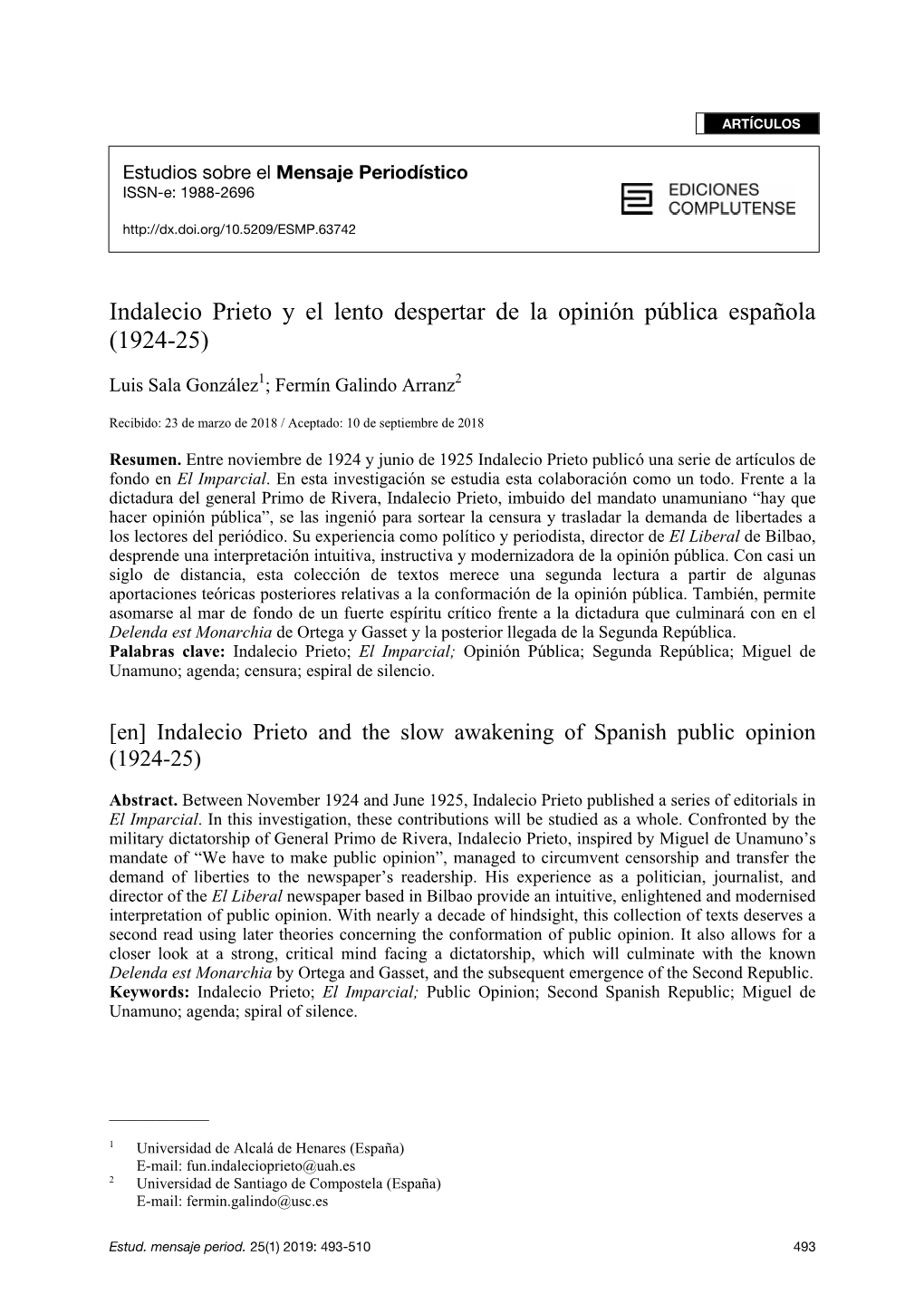 Indalecio Prieto Y El Lento Despertar De La Opinión Pública Española (1924-25)