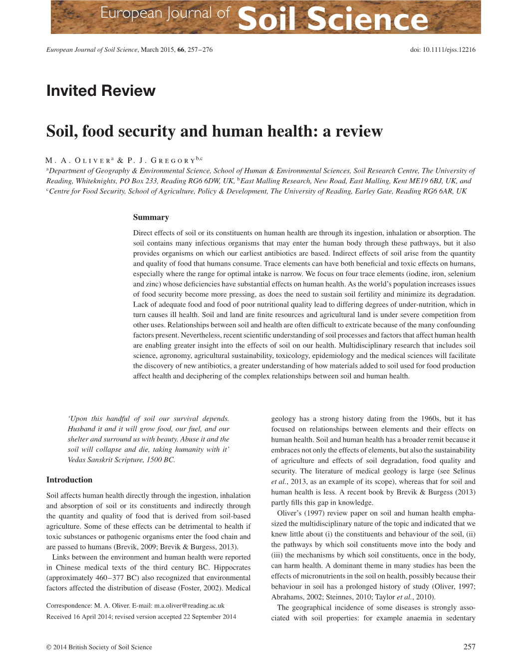 Soil, Food Security and Human Health: a Review