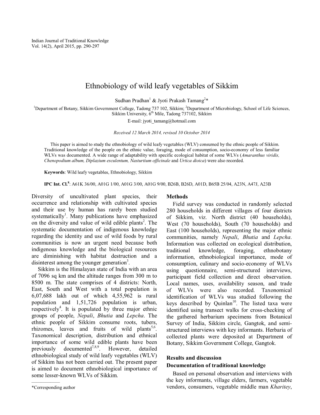 Ethnobiology of Wild Leafy Vegetables of Sikkim