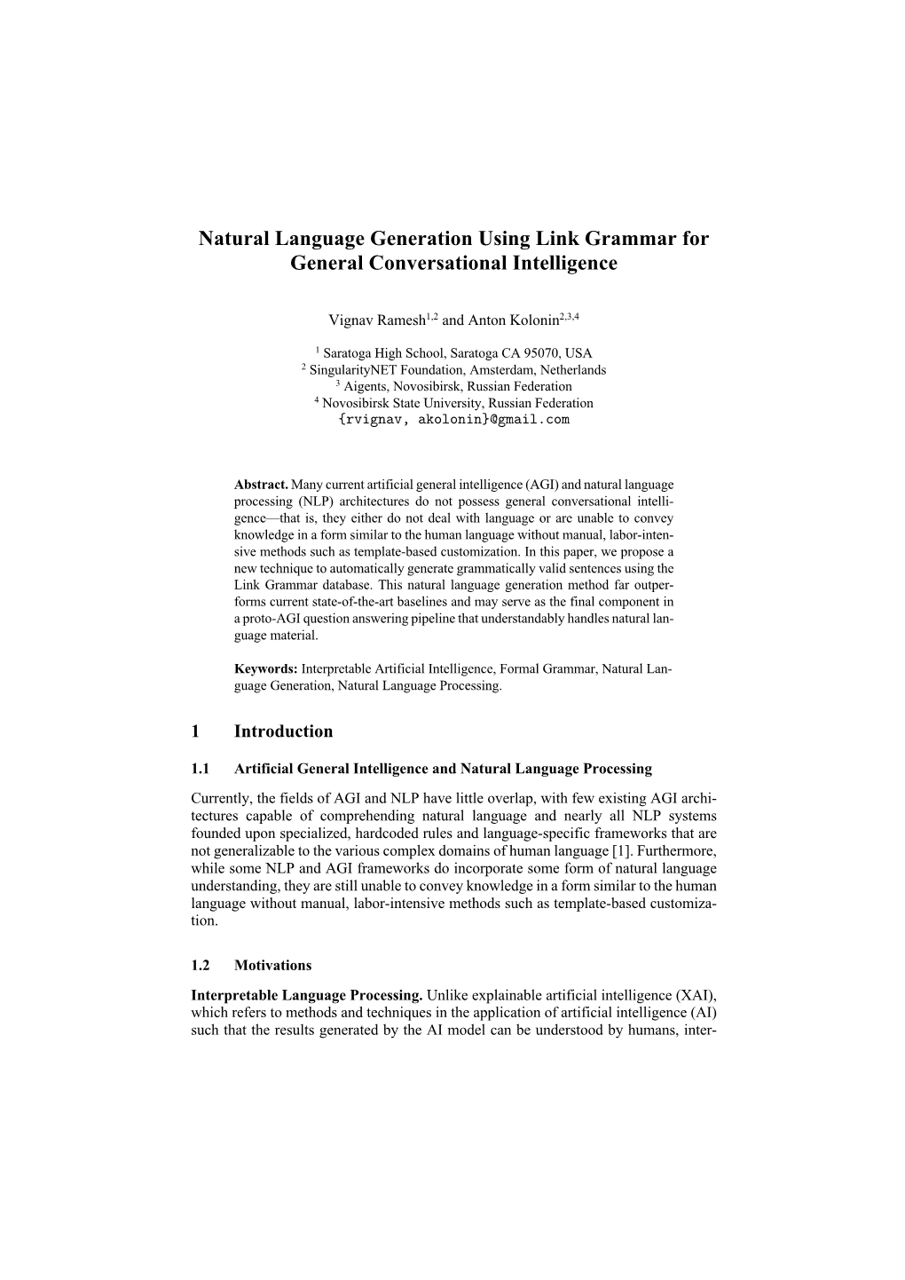 Natural Language Generation Using Link Grammar for General Conversational Intelligence