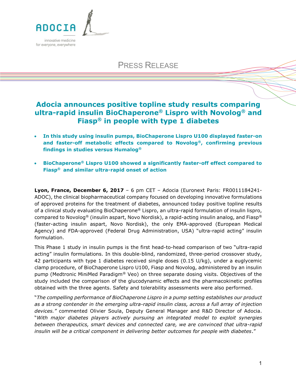 PRESS RELEASE Adocia Announces Positive Topline Study Results