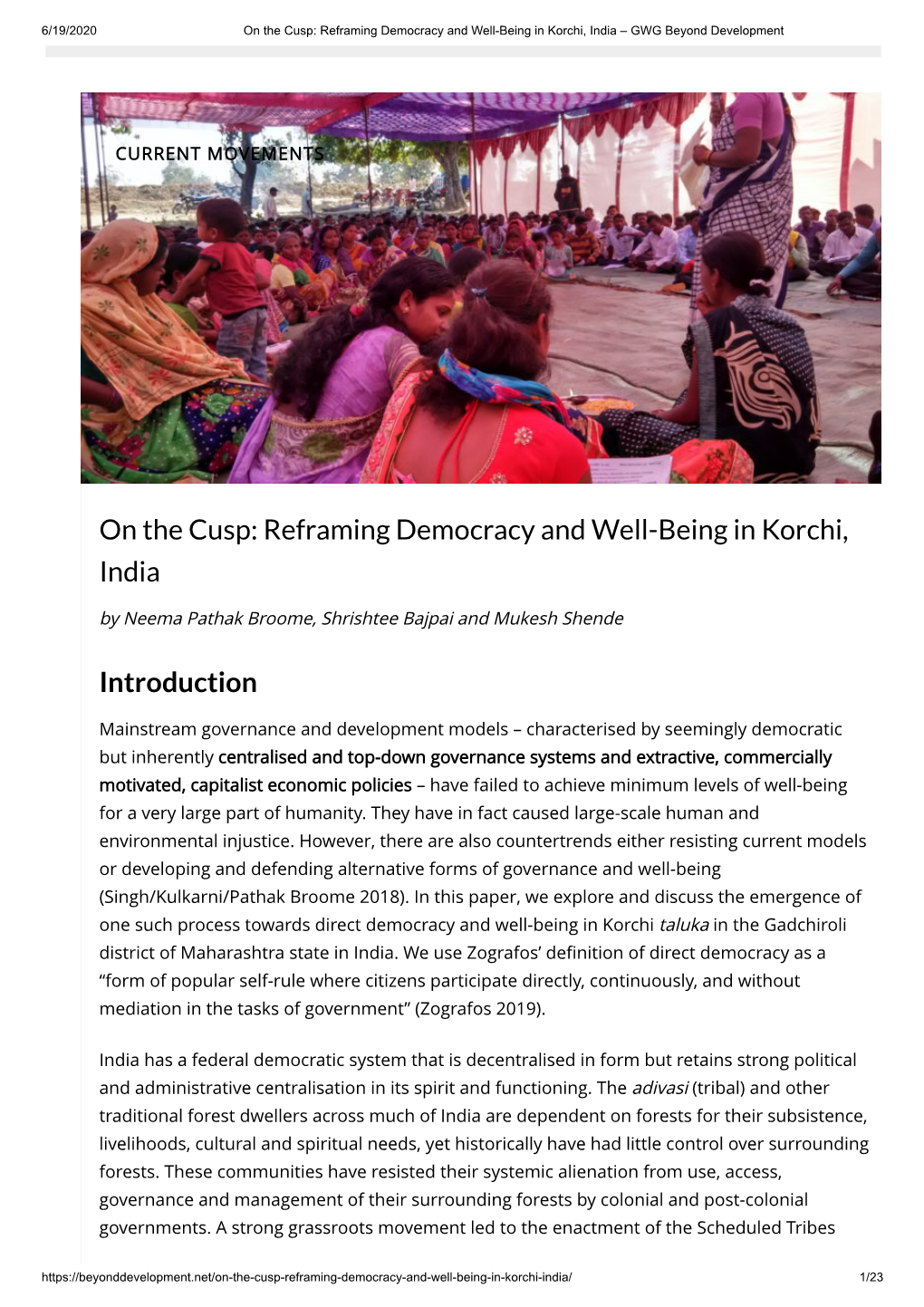 On the Cusp: Reframing Democracy and Well-Being in Korchi, India – GWG Beyond Development