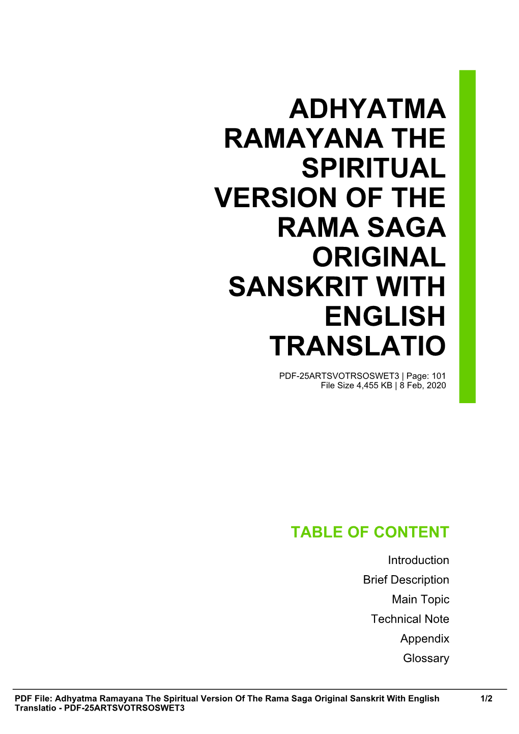 Adhyatma Ramayana the Spiritual Version of the Rama Saga Original Sanskrit with English Translatio