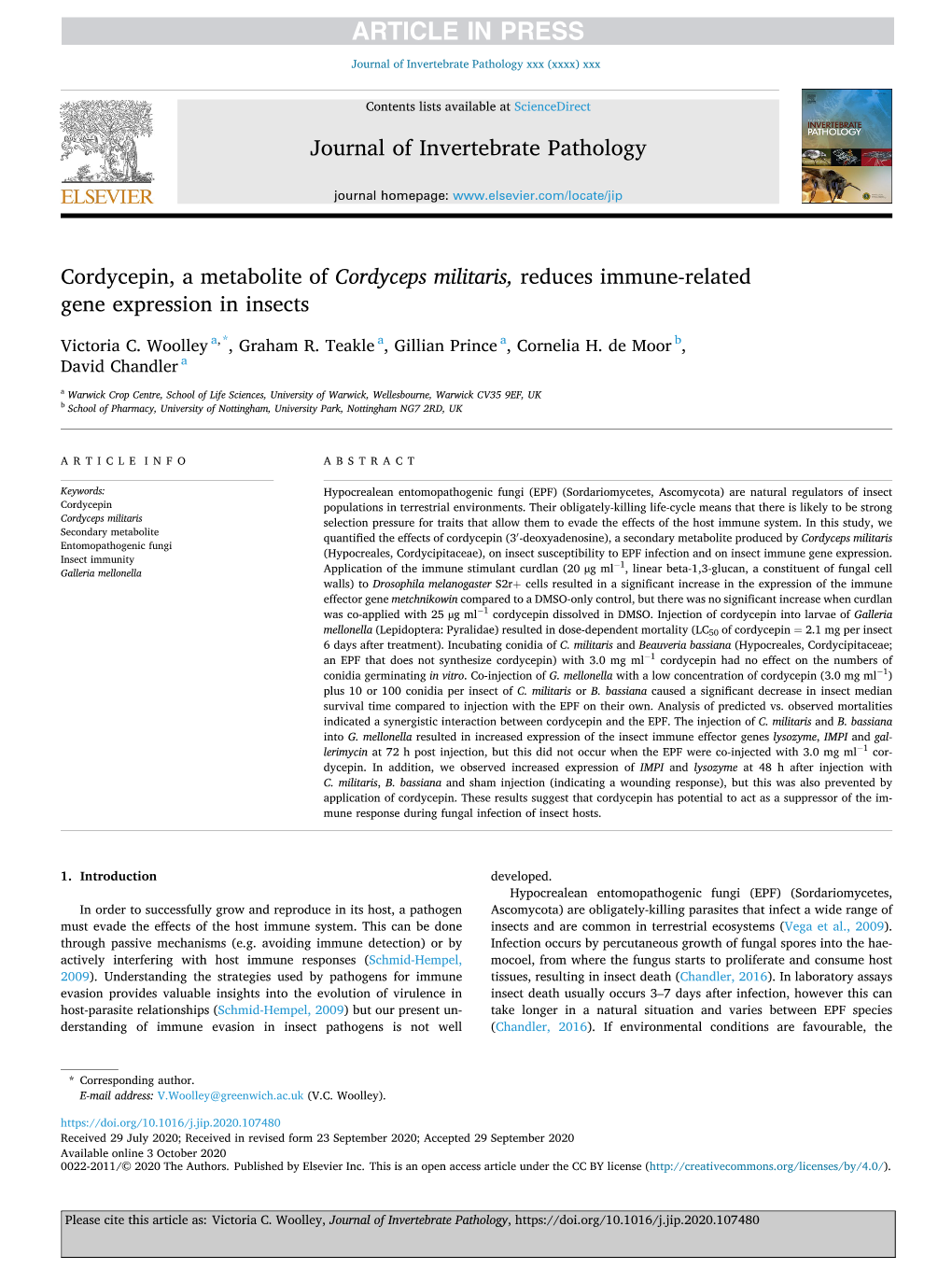 Cordycepin, a Metabolite of Cordyceps Militaris, Reduces Immune-Related Gene Expression in Insects