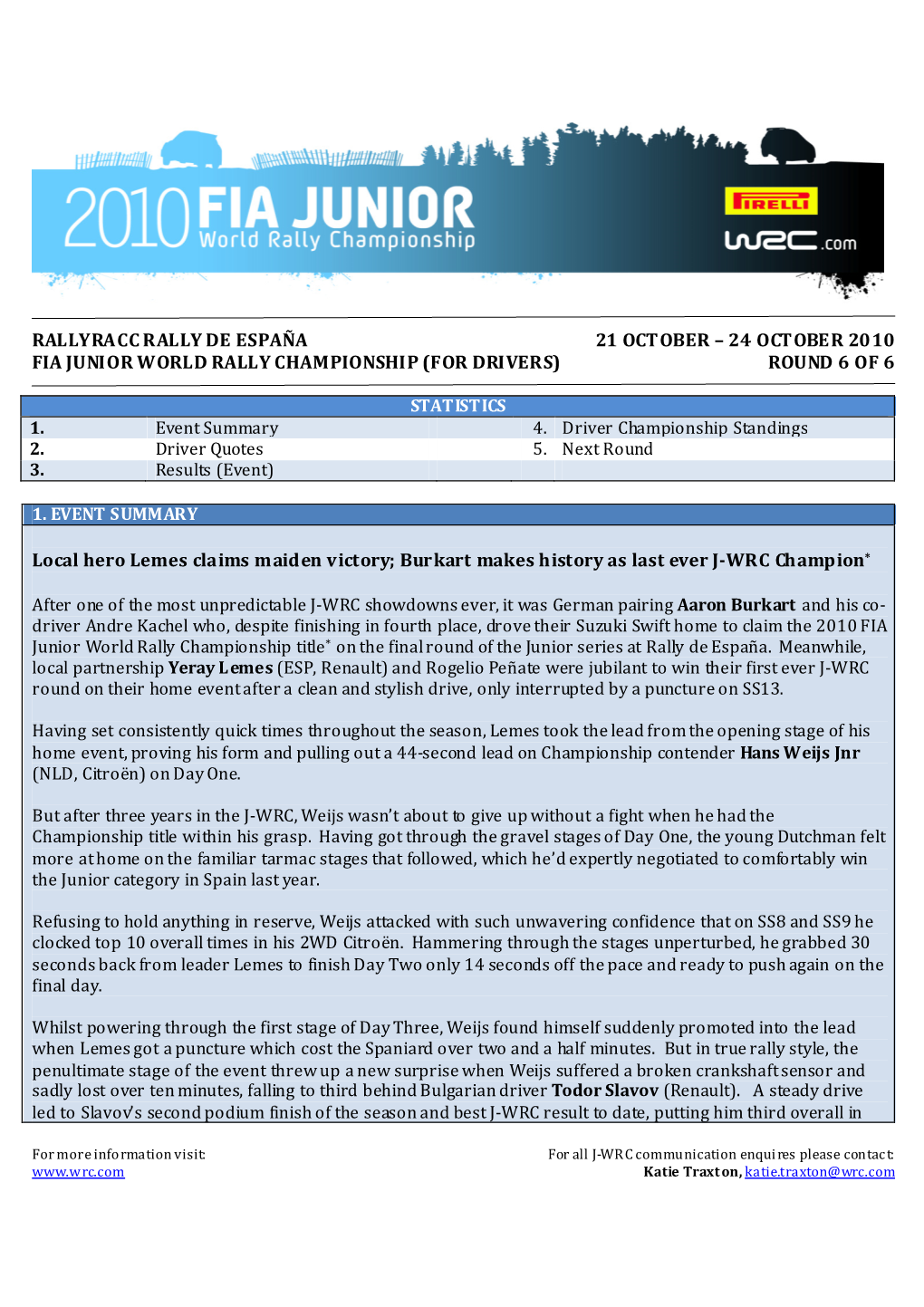 24 October 2010 Fia Junior World Rally Championship (For Drivers) Round 6 of 6