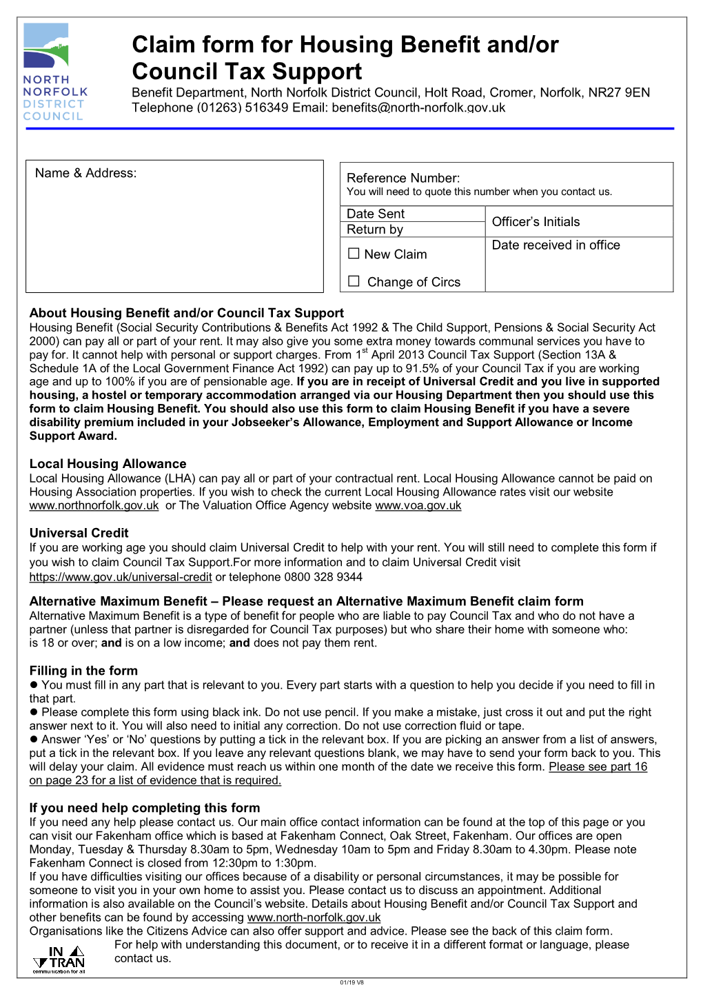 Claim Form for Housing Benefit And/Or Council Tax Support