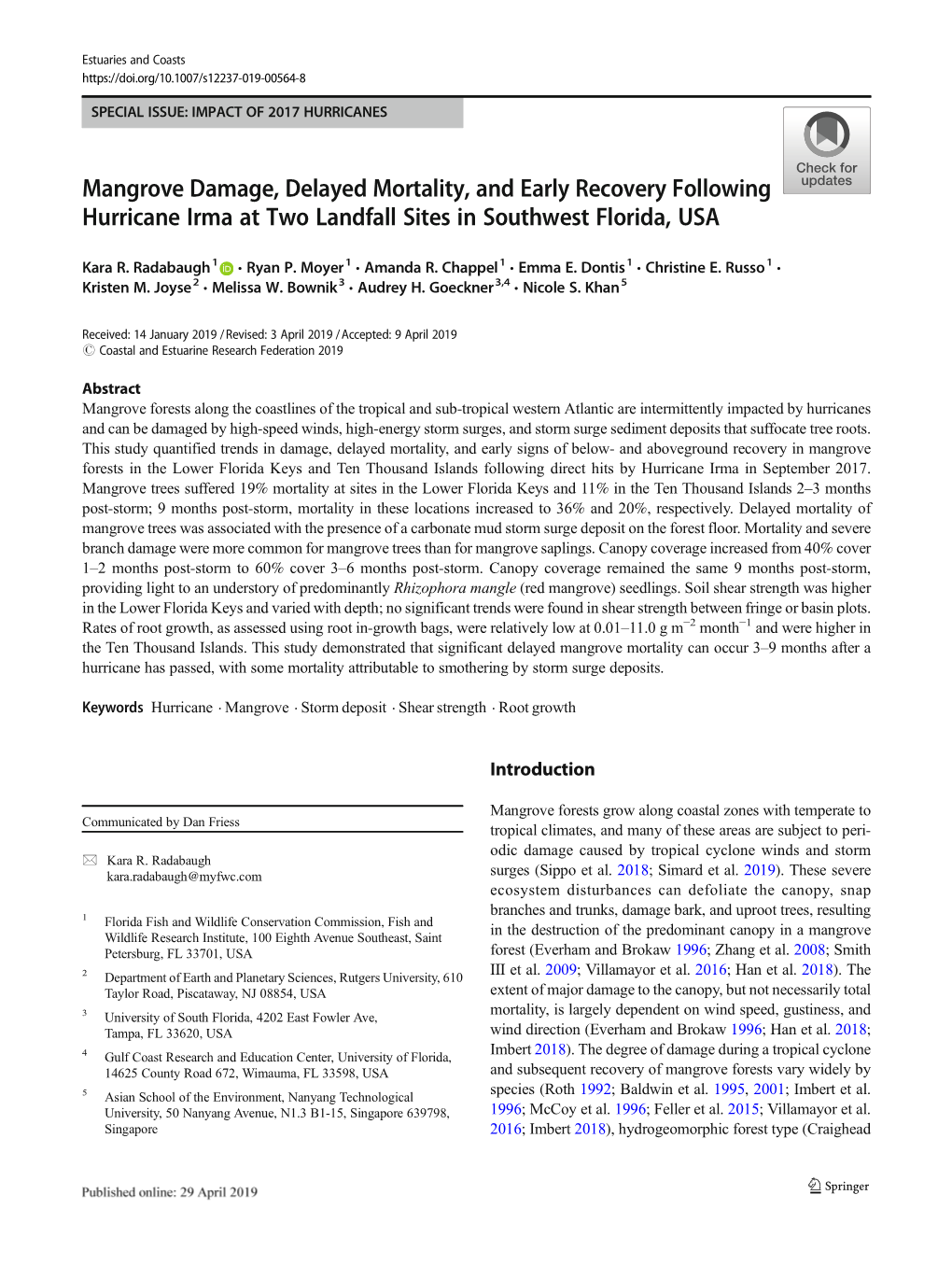 Mangrove Damage, Delayed Mortality, and Early Recovery Following Hurricane Irma at Two Landfall Sites in Southwest Florida, USA