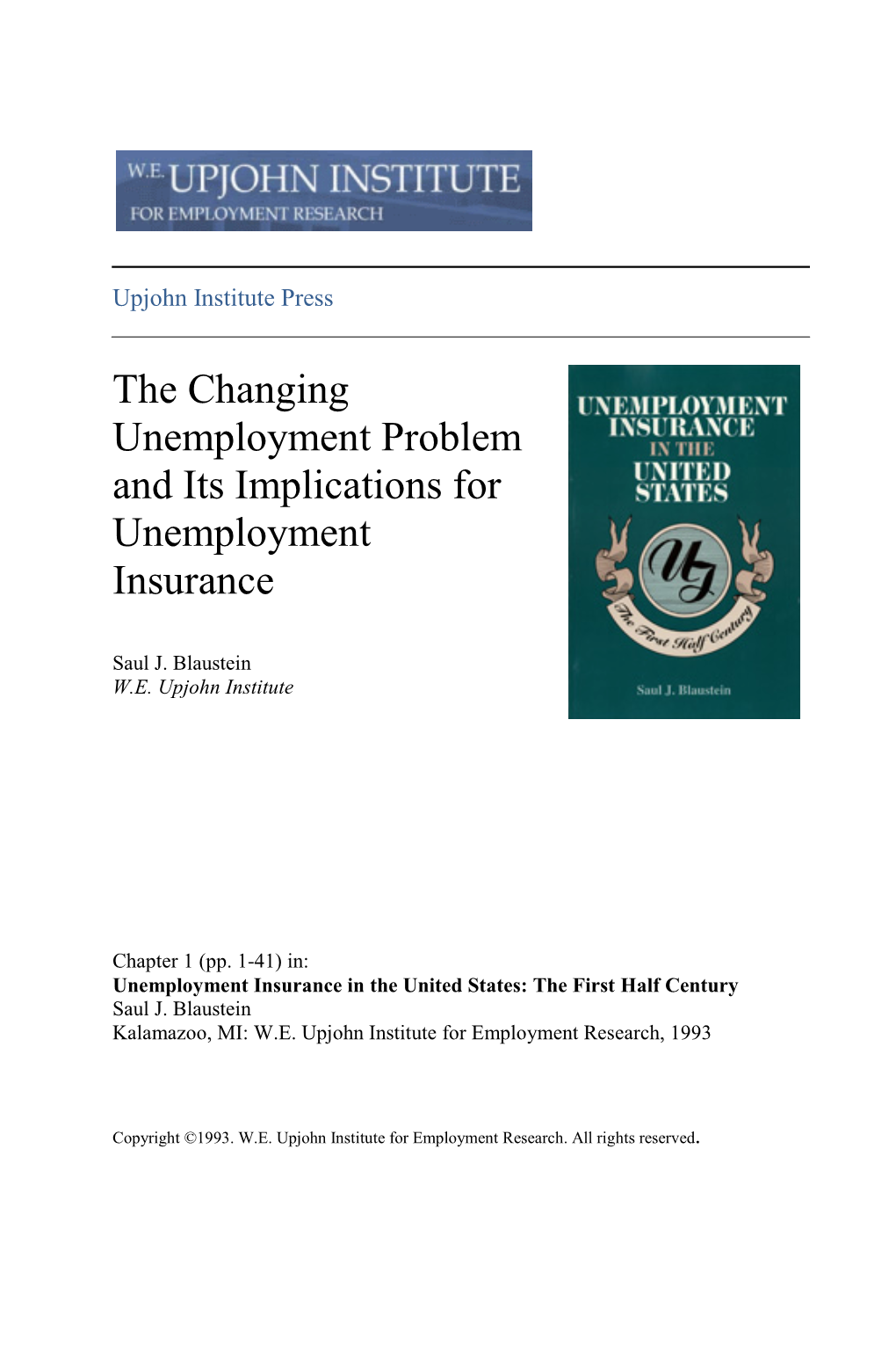 The Changing Unemployment Problem and Its Implications for Unemployment Insurance