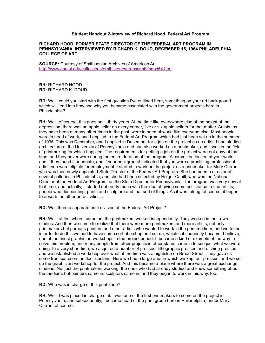 Richard Hood, Former State Director of the Federal Art Program in Pennsylvania, Interviewed by Richard K