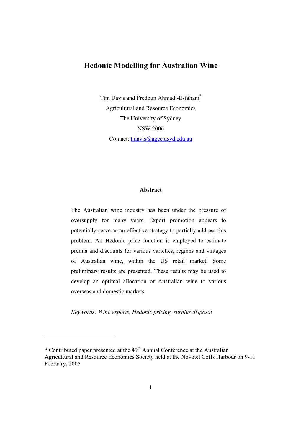 Hedonic Modelling for Australian Wine