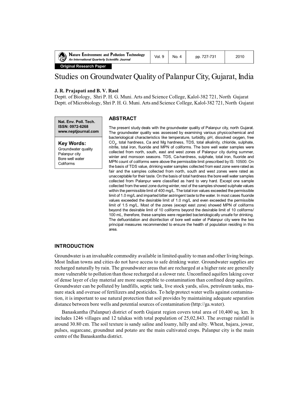 Studies on Groundwater Quality of Palanpur City, Gujarat, India