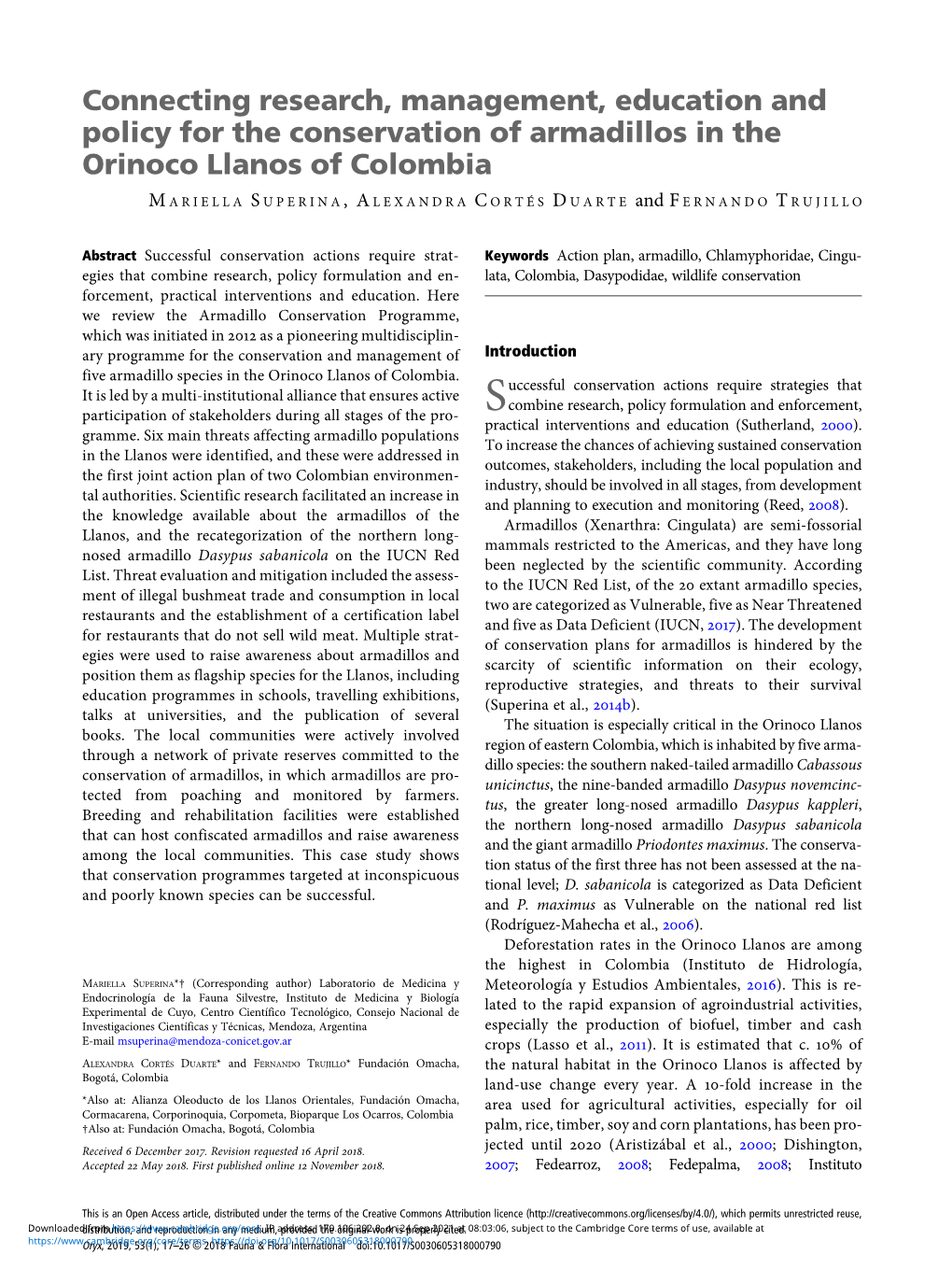 Connecting Research, Management, Education and Policy for the Conservation of Armadillos in the Orinoco Llanos of Colombia