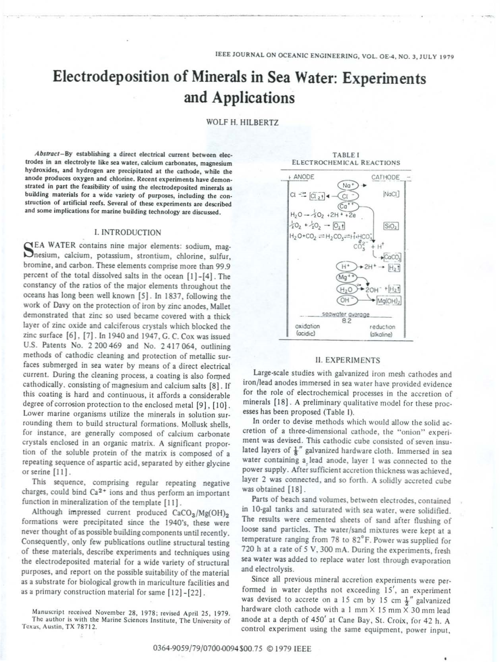 Electrodeposition of Minerals in Sea Water: Experiments and Applications