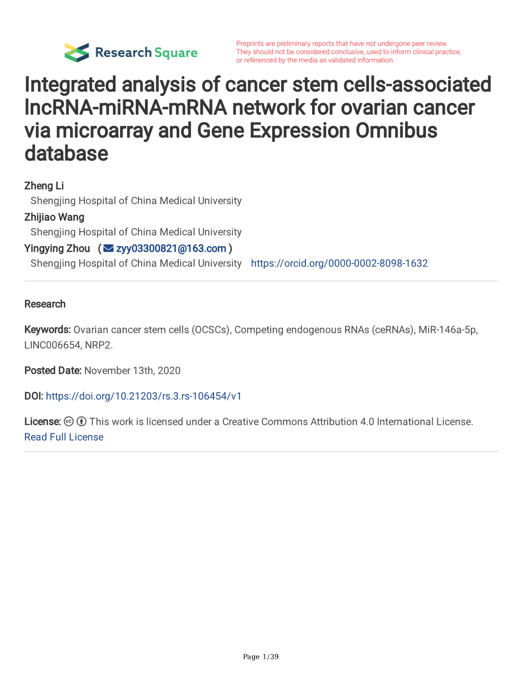 Integrated Analysis of Cancer Stem Cells-Associated Lncrna-Mirna-Mrna Network for Ovarian Cancer Via Microarray and Gene Expression Omnibus Database