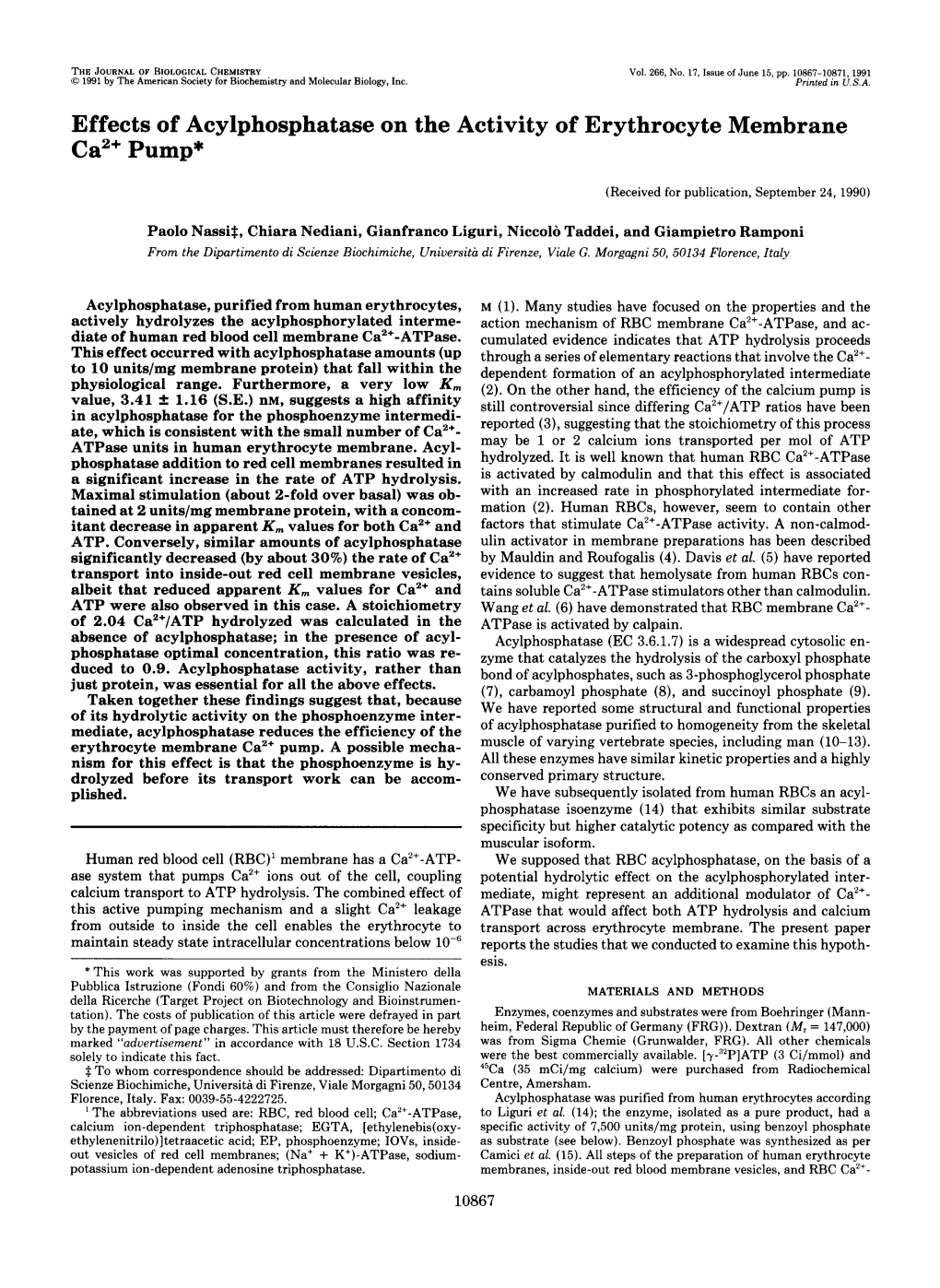 Effects of Acylphosphatase on the Activity of Erythrocyte Membrane Ca2+ Pump*