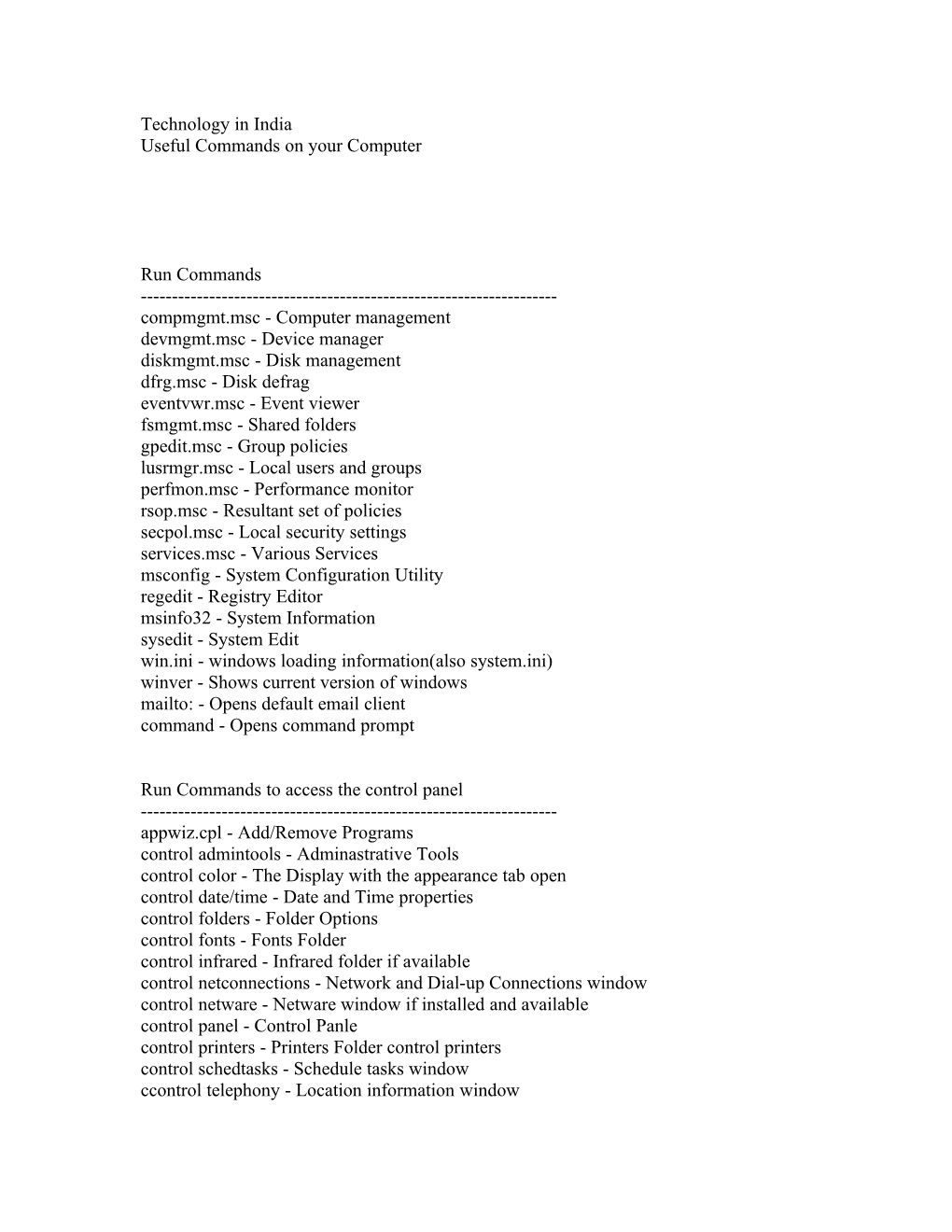 Technology in India Useful Commands on Your Computer
