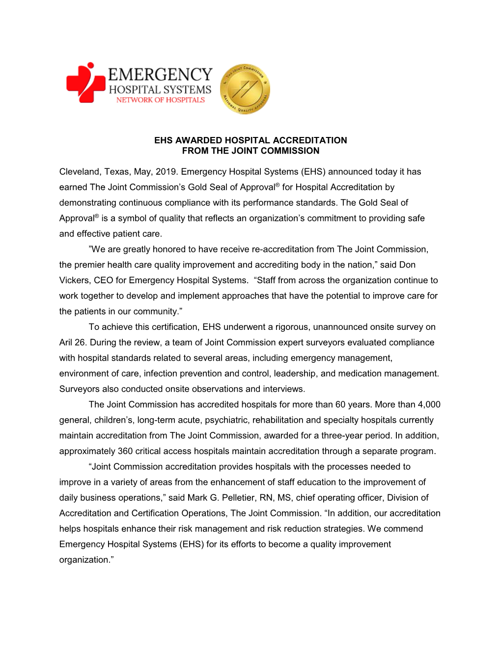 Ehs Awarded Hospital Accreditation from the Joint Commission