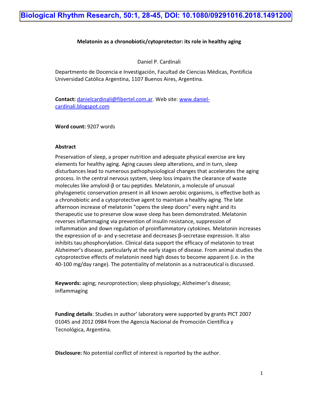 Melatonin As a Chronobiotic/Cytoprotector: Its Role in Healthy Aging