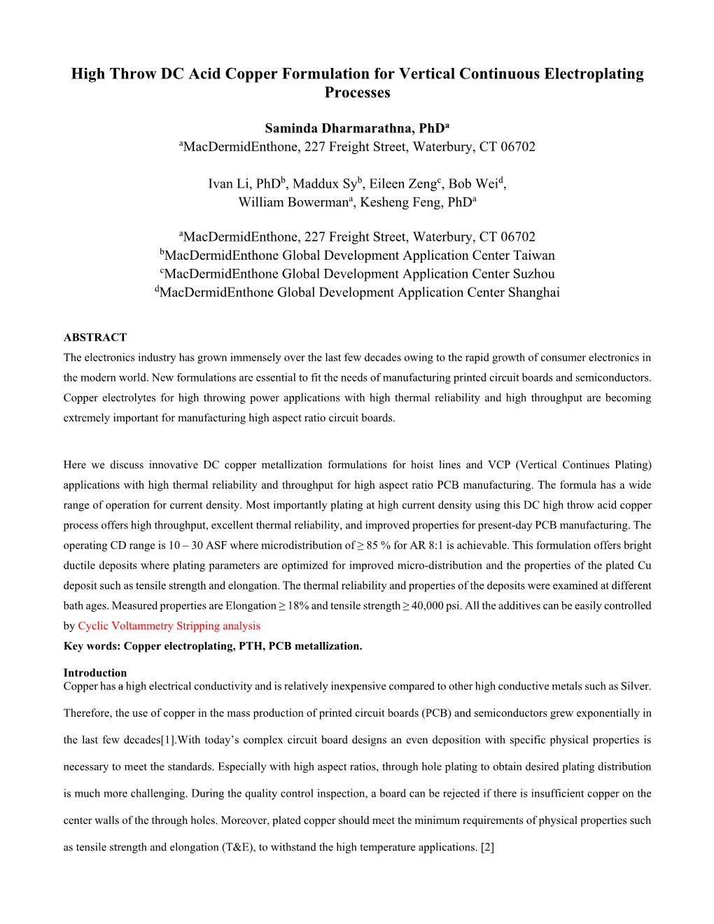 High Throw DC Acid Copper Formulation for Vertical Continuous Electroplating Processes