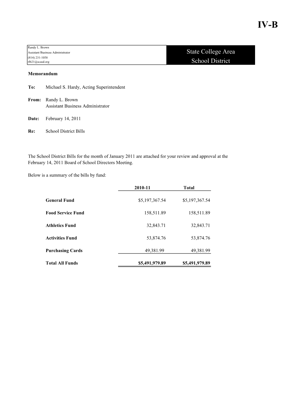 State College Area School District General Fund Checks Dated January 1 - 31, 2011 School Board Meeting February 14, 2011