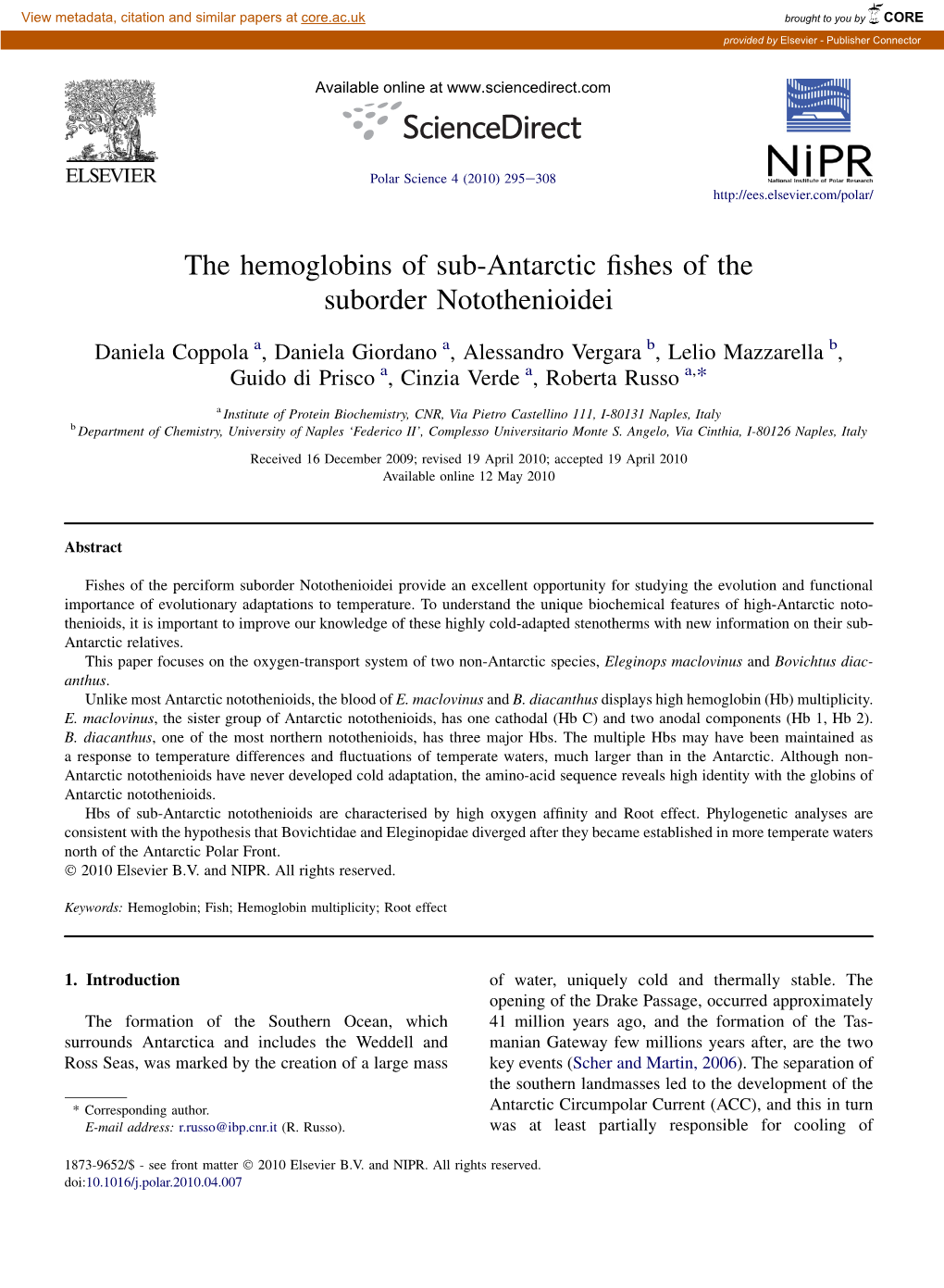 The Hemoglobins of Sub-Antarctic Fishes of the Suborder Notothenioidei