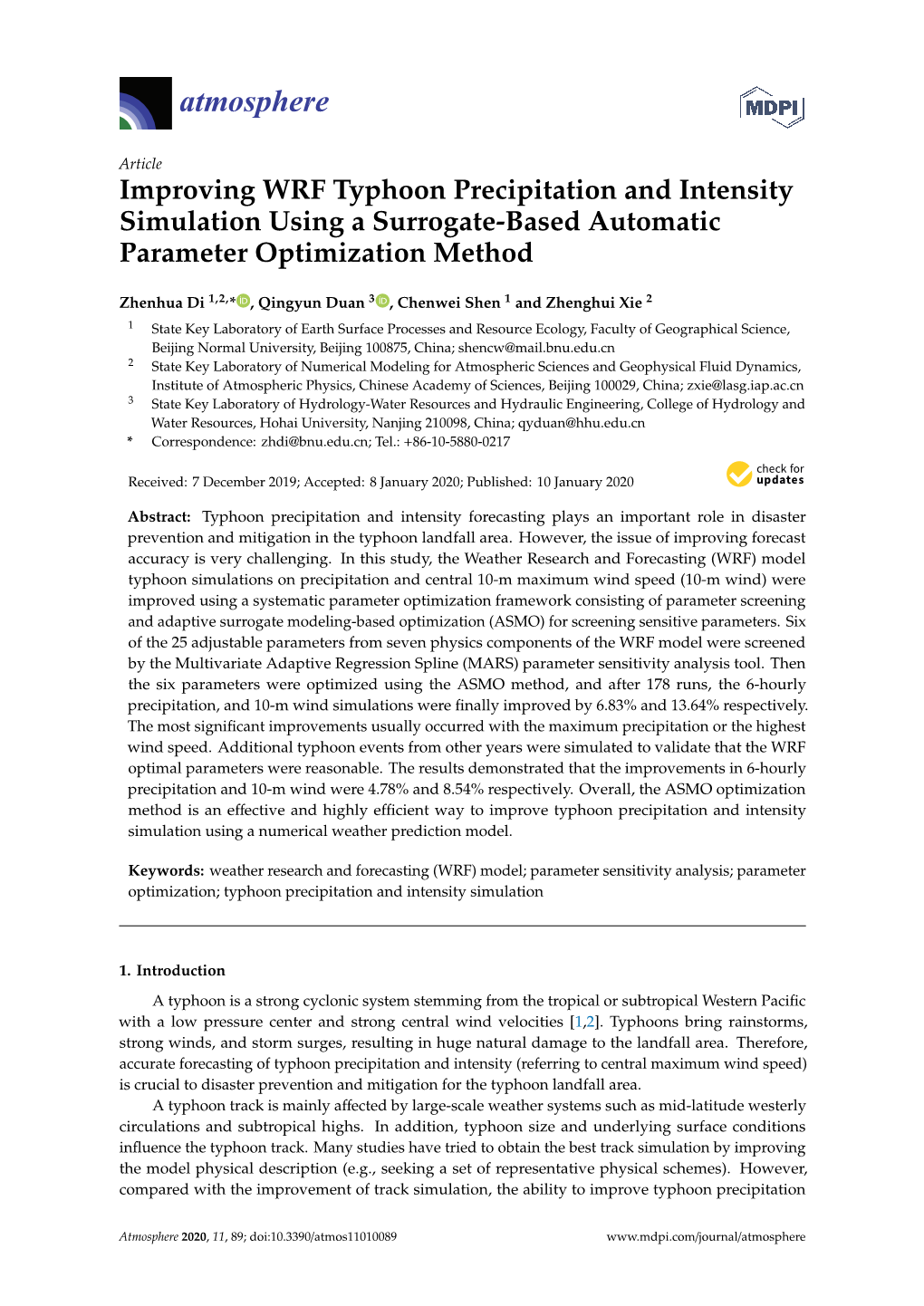 Improving WRF Typhoon Precipitation and Intensity Simulation Using a Surrogate-Based Automatic Parameter Optimization Method