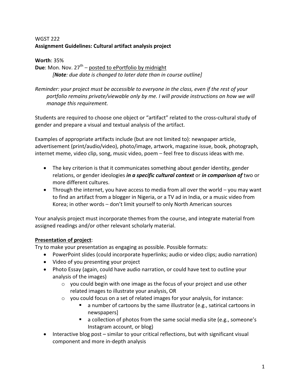 Cultural Artifact Analaysis Guidelines